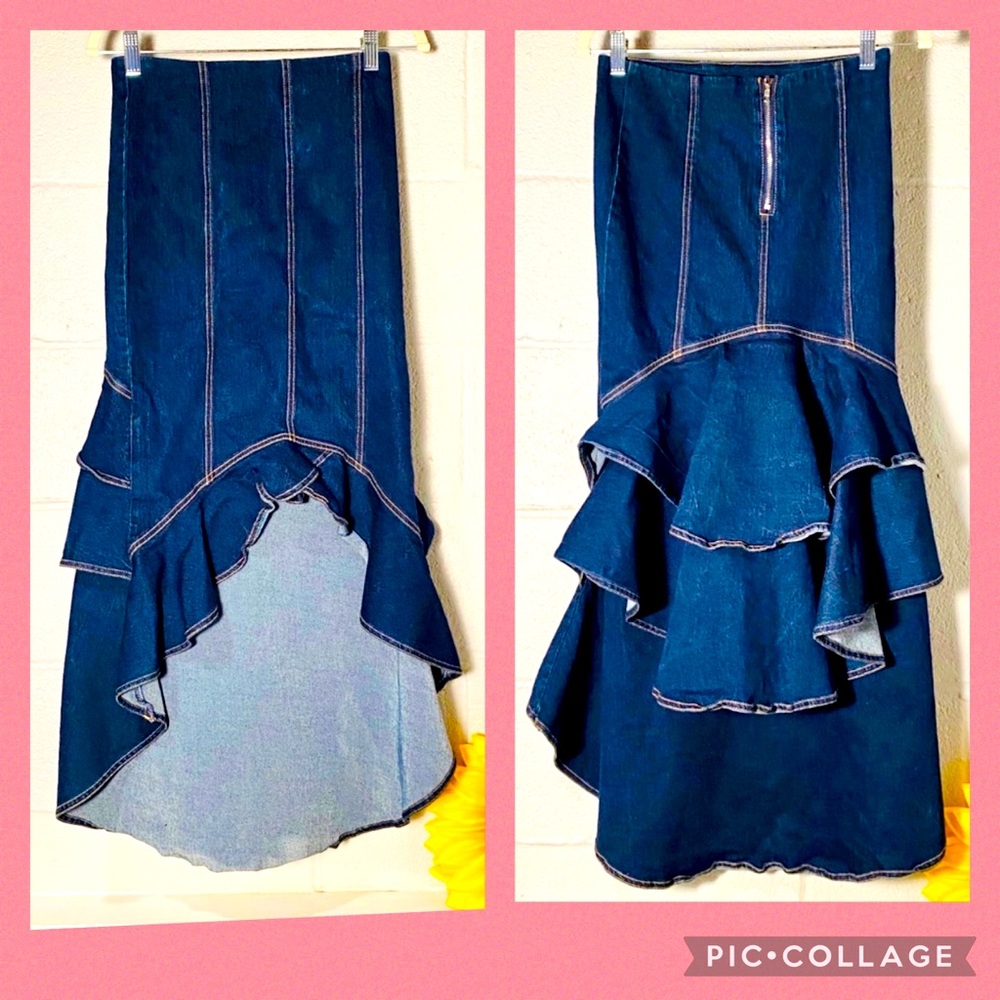 Andrea 26w Long Bustled Jean Skirt